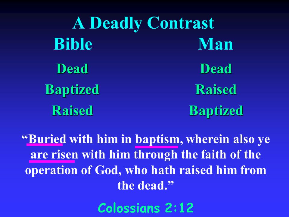 A Deadly Contrast BibleMan DeadBaptizedRaisedDeadRaisedBaptized Buried with him in baptism, wherein also ye are risen with him through the faith of the operation of God, who hath raised him from the dead.