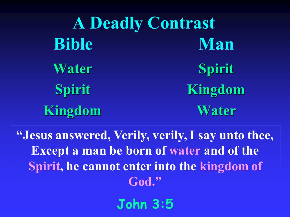 A Deadly Contrast BibleMan WaterSpiritKingdom Spirit Spirit Kingdom Kingdom Water Water Jesus answered, Verily, verily, I say unto thee, Except a man be born of water and of the Spirit, he cannot enter into the kingdom of God.