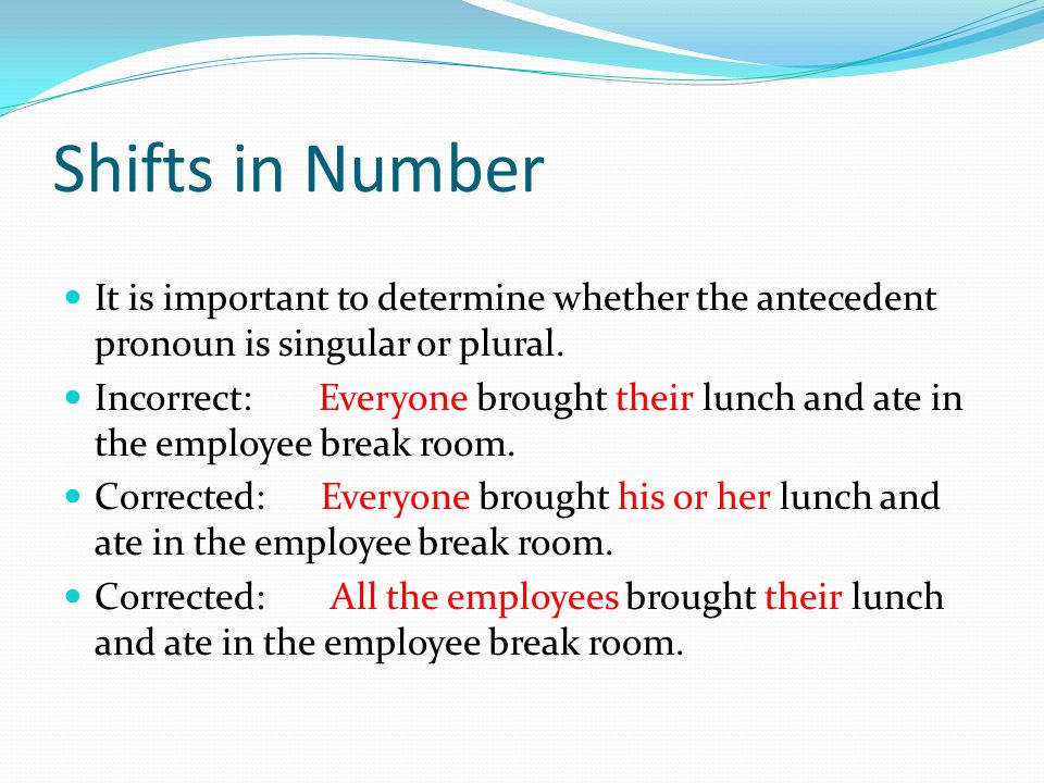 Shifts in Number It is important to determine whether the antecedent pronoun is singular or plural.