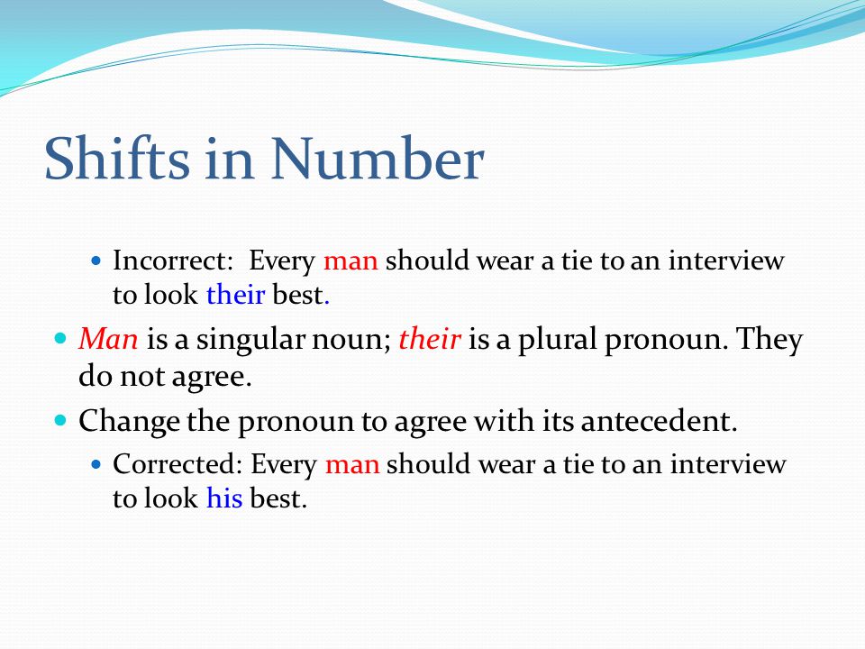 Shifts in Number Incorrect: Every man should wear a tie to an interview to look their best.