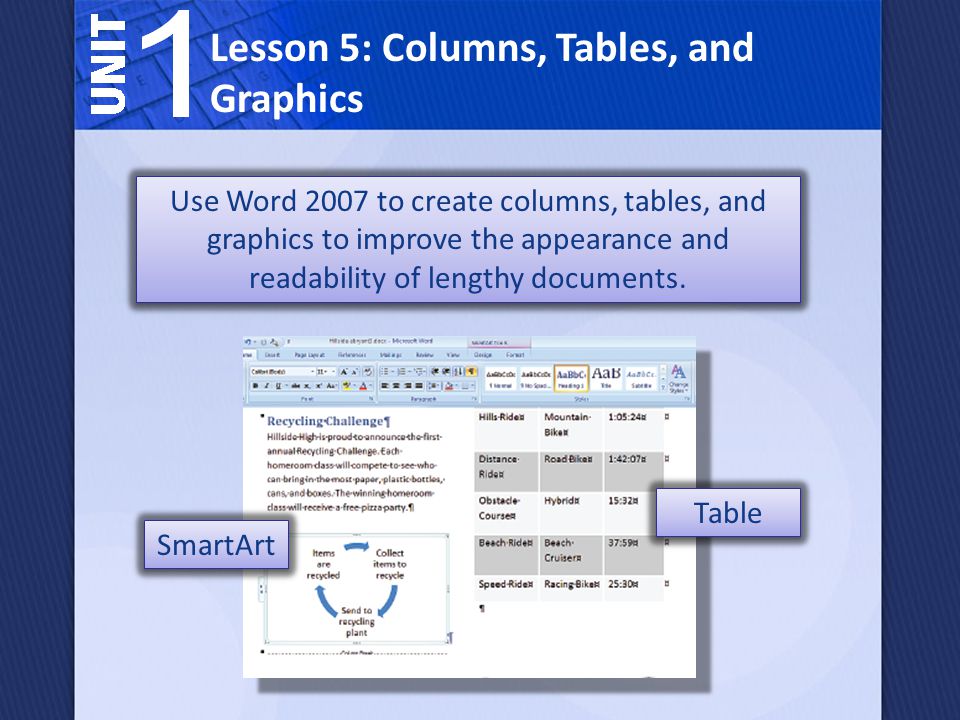 Lesson 5: Columns, Tables, and Graphics Use Word 2007 to create columns, tables, and graphics to improve the appearance and readability of lengthy documents.