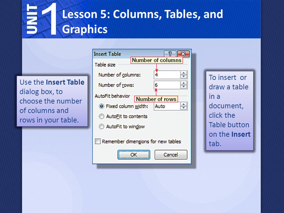 Lesson 5: Columns, Tables, and Graphics To insert or draw a table in a document, click the Table button on the Insert tab.