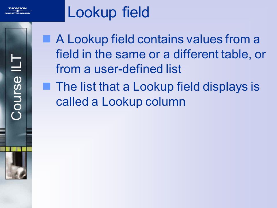 Course ILT Lookup field A Lookup field contains values from a field in the same or a different table, or from a user-defined list The list that a Lookup field displays is called a Lookup column