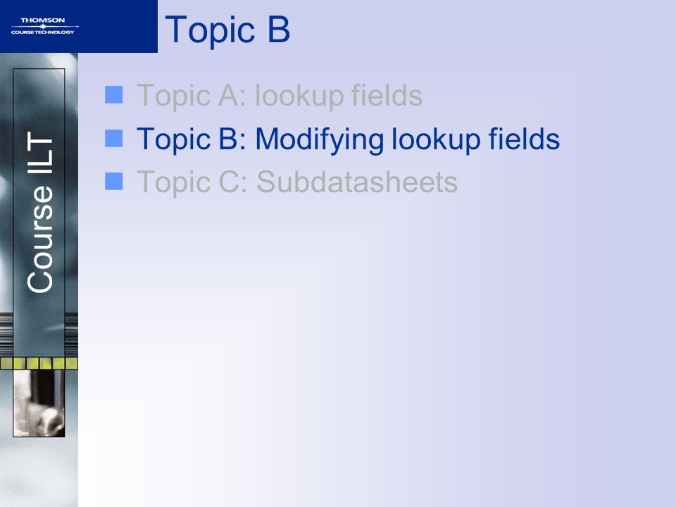 Course ILT Topic B Topic A: lookup fields Topic B: Modifying lookup fields Topic C: Subdatasheets