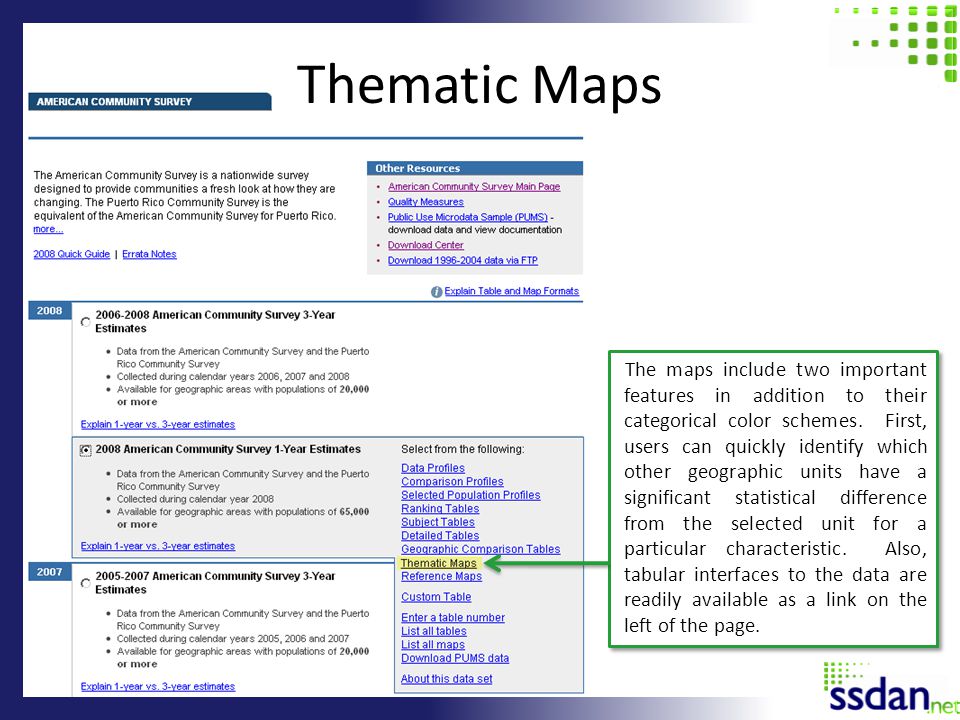 Thematic Maps The maps include two important features in addition to their categorical color schemes.