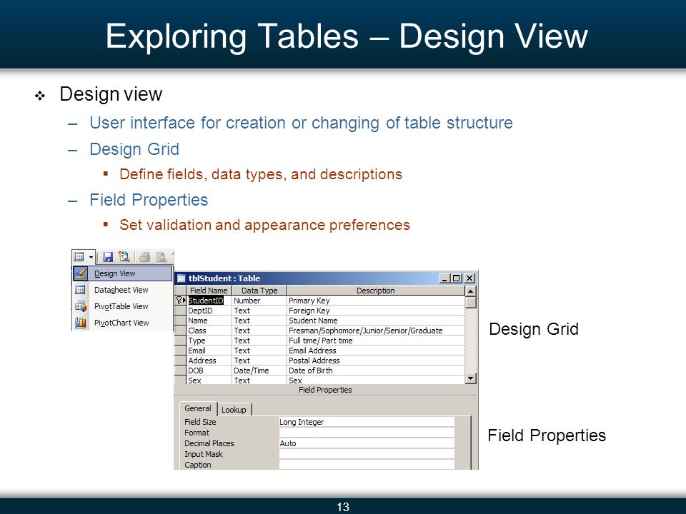 13 Exploring Tables – Design View Design view –User interface for creation or changing of table structure –Design Grid Define fields, data types, and descriptions –Field Properties Set validation and appearance preferences Design Grid Field Properties