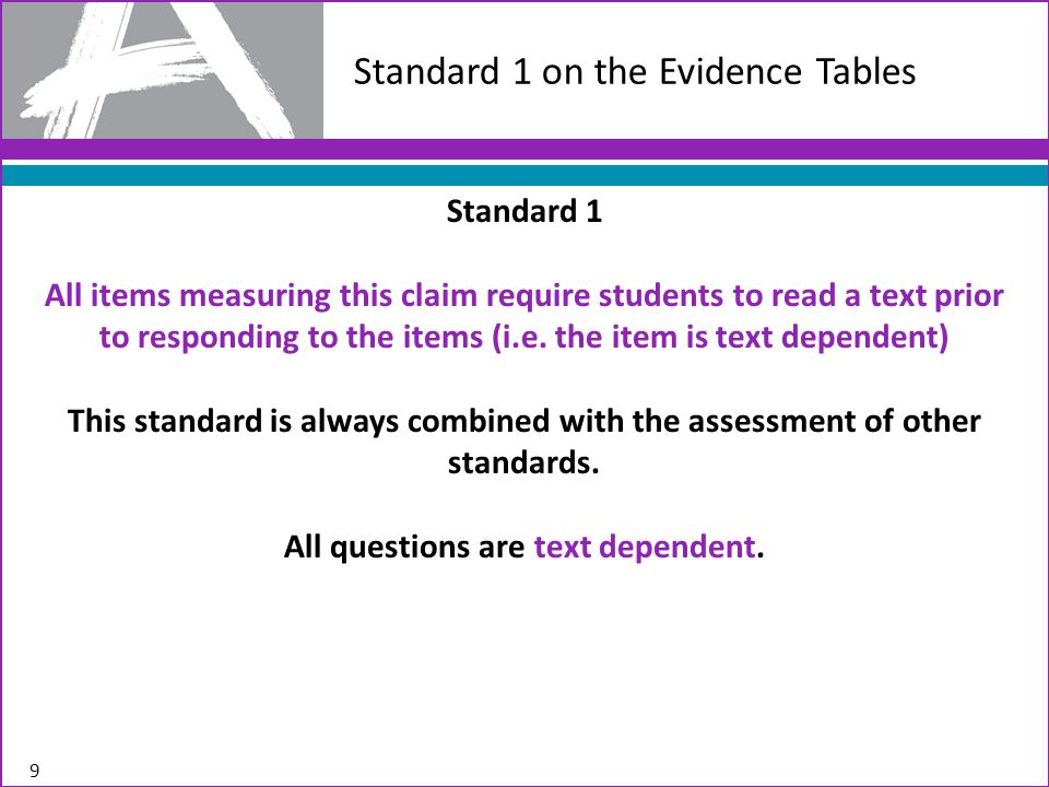 Standard 1 on the Evidence Tables Standard 1 All items measuring this claim require students to read a text prior to responding to the items (i.e.