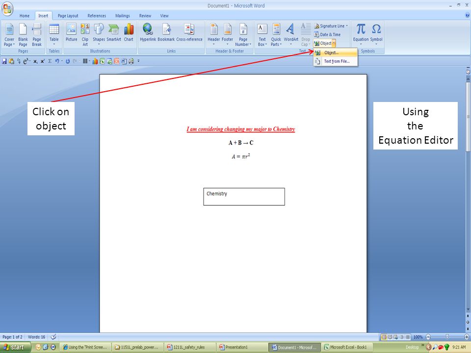 Using the Equation Editor Click on object
