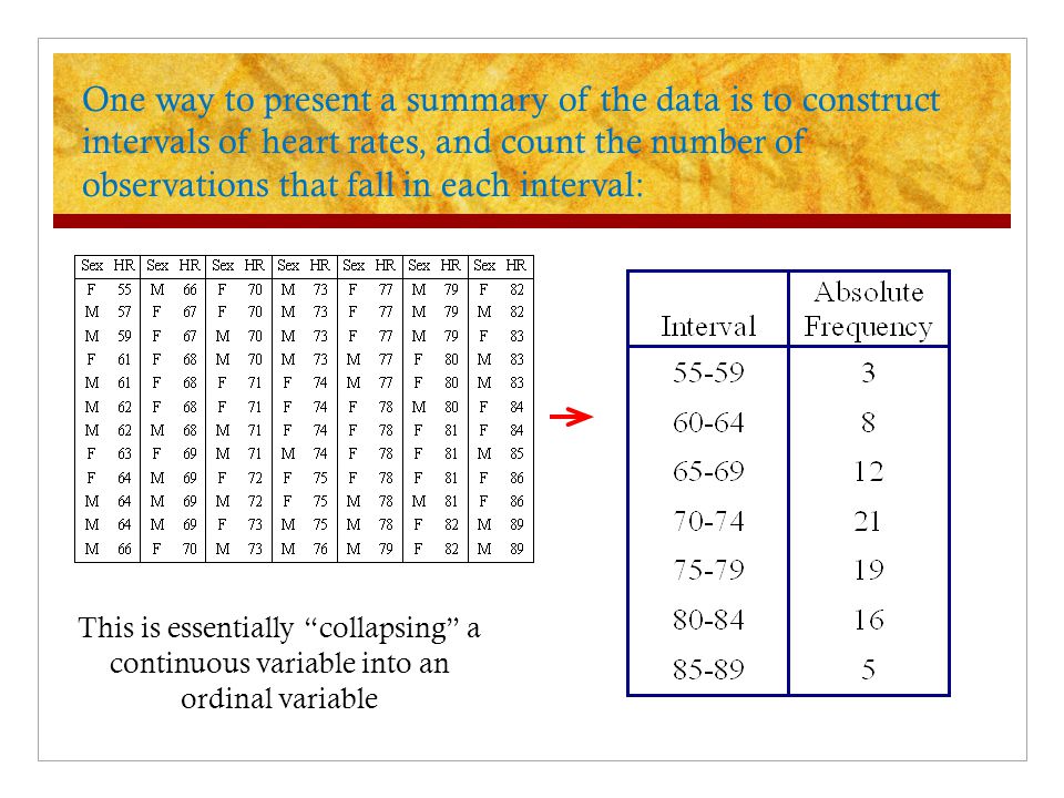 One way to present a summary of the data is to construct intervals of heart rates, and count the number of observations that fall in each interval: This is essentially collapsing a continuous variable into an ordinal variable