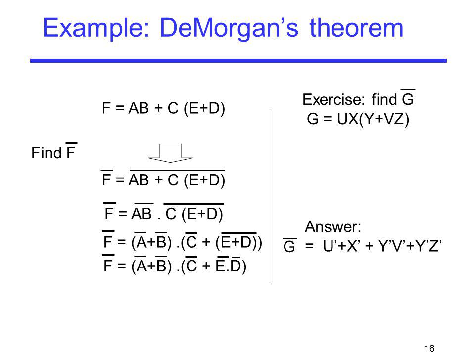 DeMorgan's+Theorem 16 Example: DeMorgans theorem F = AB + C (E+D) Find F F = AB + C (E+D ...