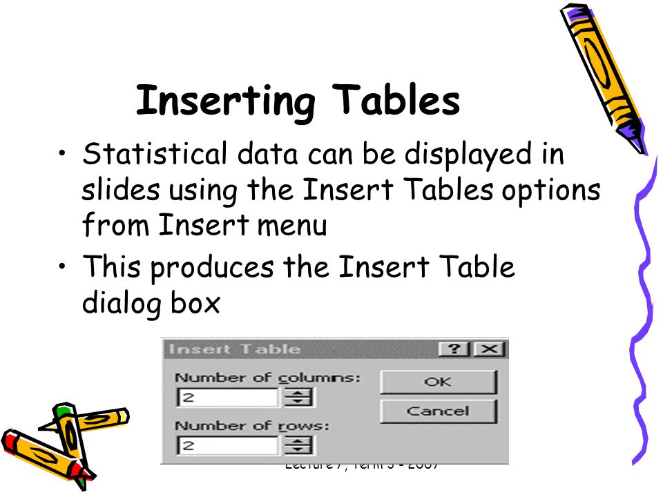 Lecture 7, Term Inserting Tables Statistical data can be displayed in slides using the Insert Tables options from Insert menu This produces the Insert Table dialog box