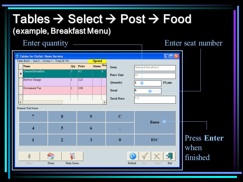 Tables Select Post Food (example, Breakfast Menu) Enter quantityEnter seat number Press Enter when finished