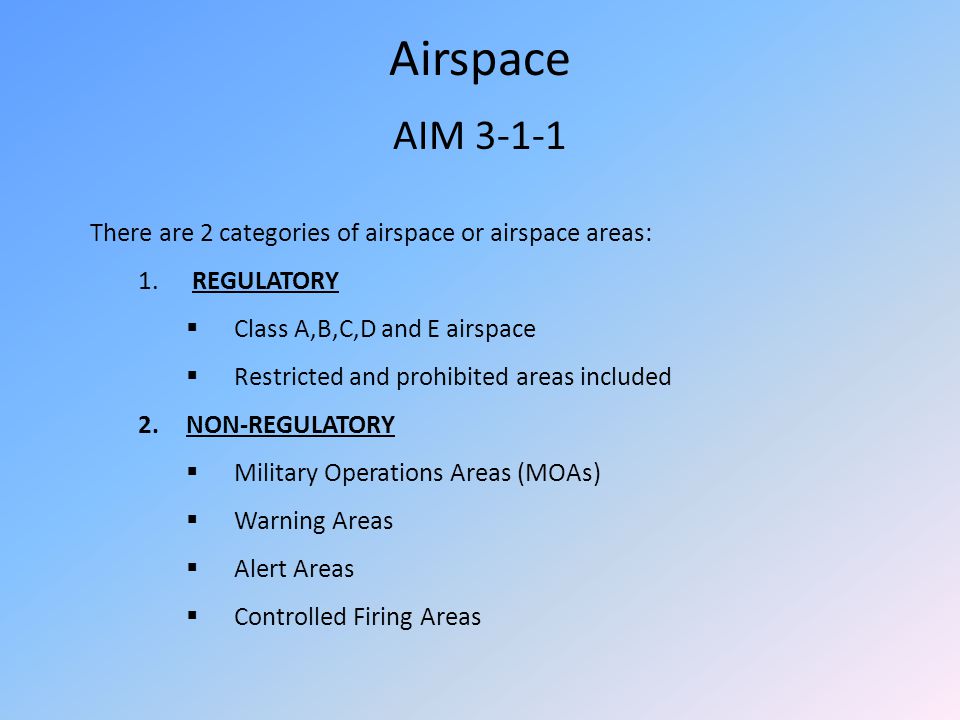 Airspace AIM 3-1-1 There are 2 categories of airspace or airspace ...