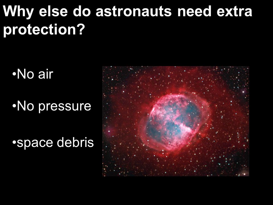 Why else do astronauts need extra protection No air No pressure space debris