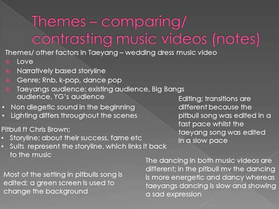 Themes/ other factors in Taeyang – wedding dress music video Love Narratively based storyline Genre; Rnb, k-pop, dance pop Taeyangs audience; existing audience, Big Bangs audience, YGs audience Non diegetic sound in the beginning Lighting differs throughout the scenes Pitbull ft Chris Brown; Storyline; about their success, fame etc Suits represent the storyline, which links it back to the music Editing; transitions are different because the pitbull song was edited in a fast pace whilst the taeyang song was edited in a slow pace Most of the setting in pitbulls song is edited; a green screen is used to change the background The dancing in both music videos are different; in the pitbull mv the dancing is more energetic and dancy whereas taeyangs dancing is slow and showing a sad expression