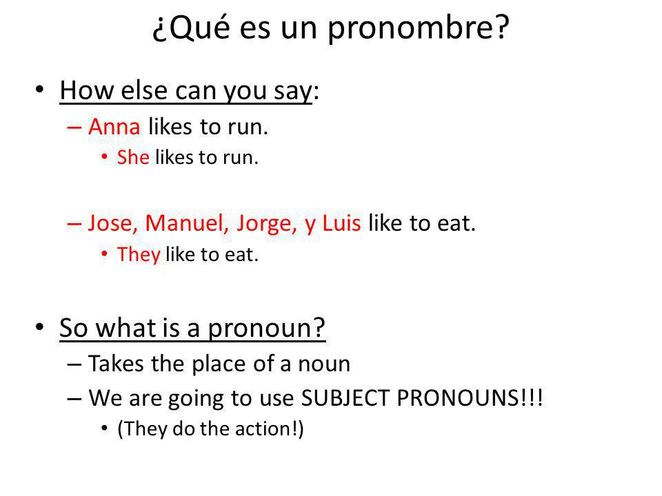 ¿Qué es un pronombre. How else can you say: – Anna likes to run.