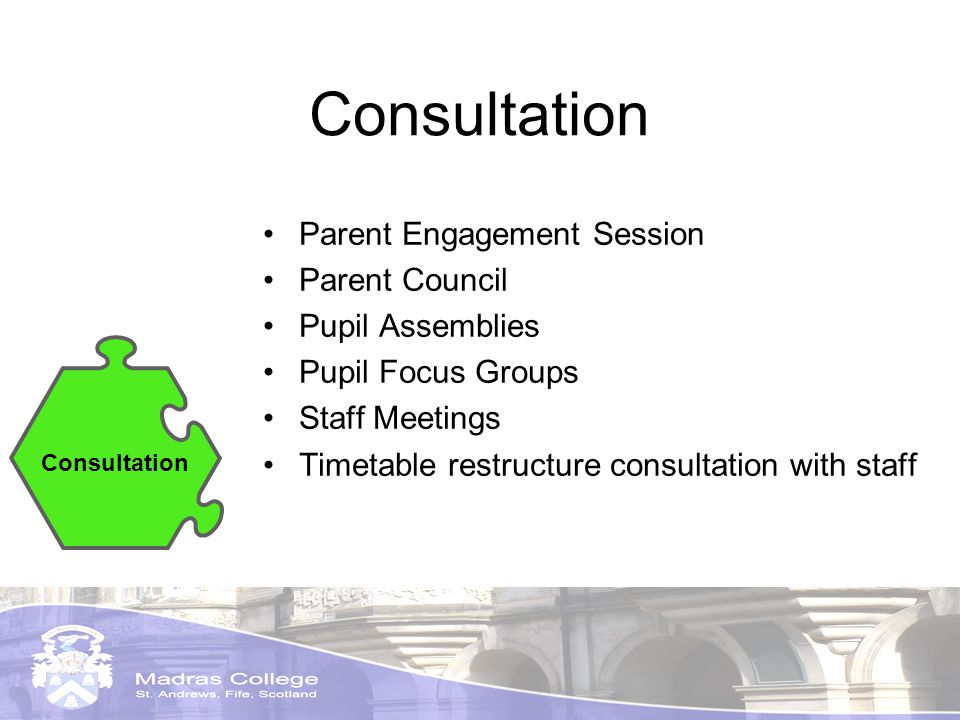 Consultation Parent Engagement Session Parent Council Pupil Assemblies Pupil Focus Groups Staff Meetings Timetable restructure consultation with staff Consultation