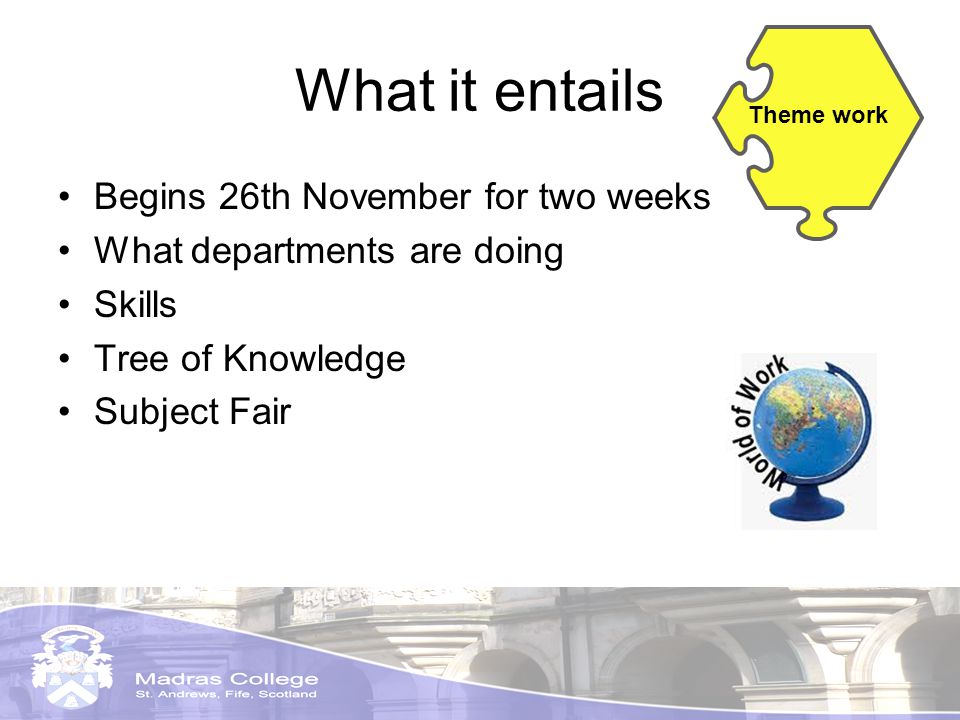 Theme work What it entails Begins 26th November for two weeks What departments are doing Skills Tree of Knowledge Subject Fair