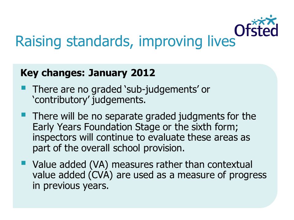 Raising standards, improving lives Key changes: January 2012 There are no graded sub-judgements or contributory judgements.