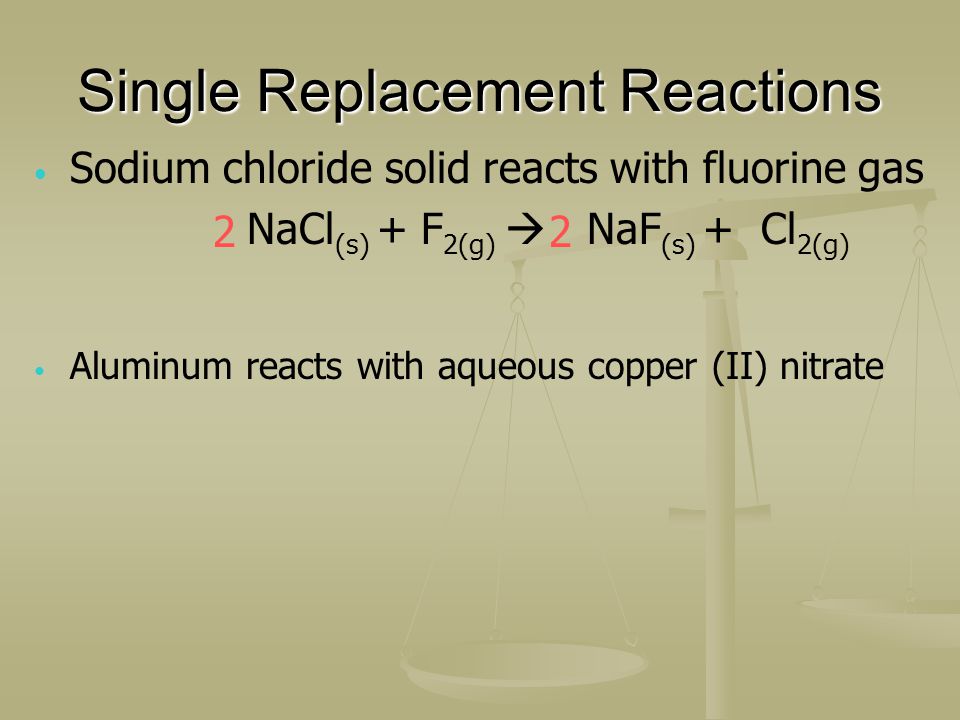 Single Replacement Reactions Sodium chloride solid reacts with fluorine gas NaCl (s) + F 2(g) NaF (s) + Cl 2(g) Aluminum reacts with aqueous copper (II) nitrate 22