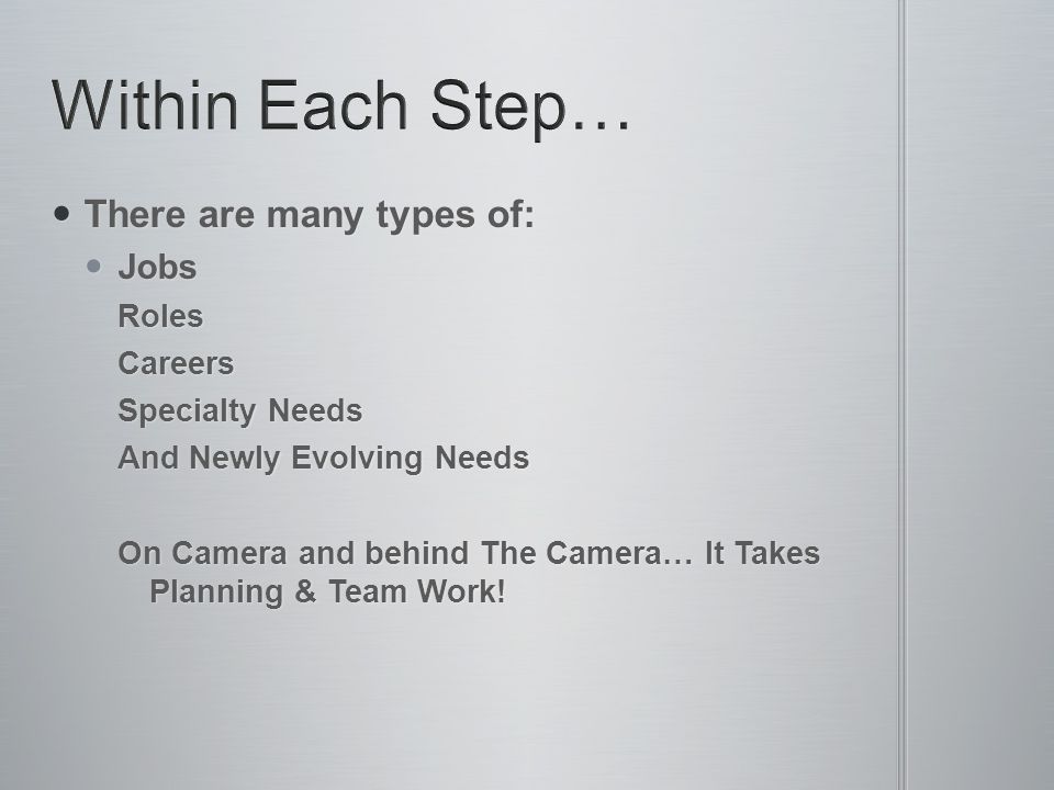 There are many types of: There are many types of: Jobs JobsRolesCareers Specialty Needs And Newly Evolving Needs On Camera and behind The Camera… It Takes Planning & Team Work!