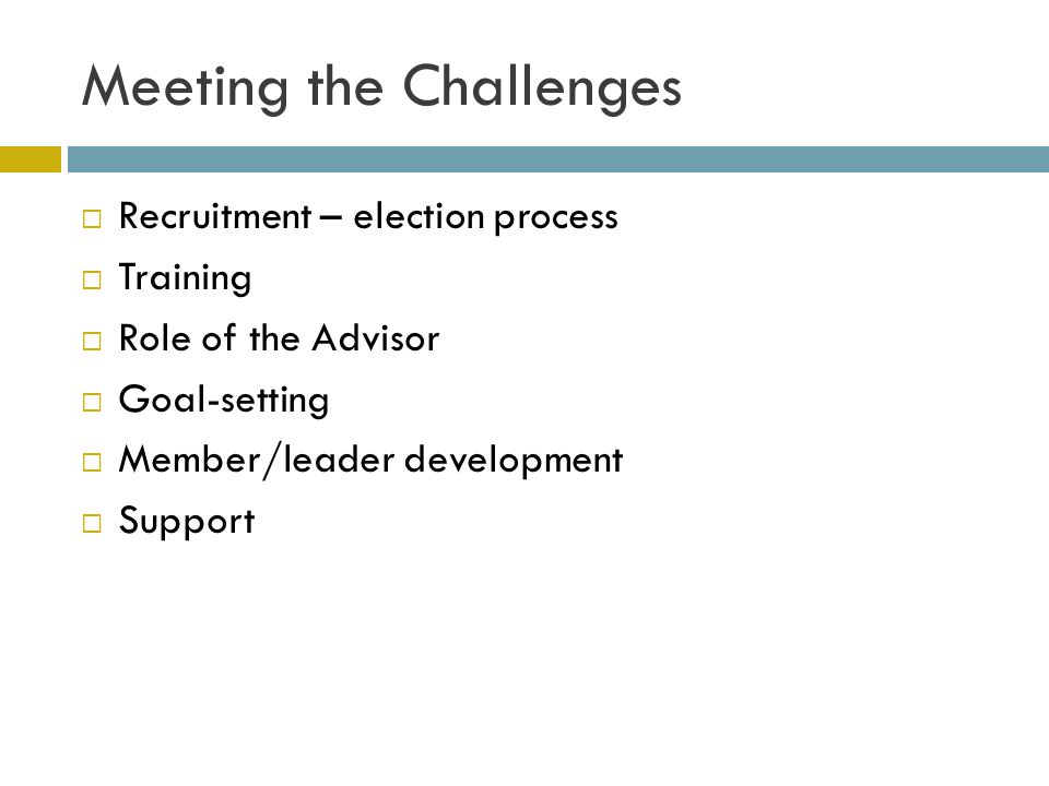 Meeting the Challenges Recruitment – election process Training Role of the Advisor Goal-setting Member/leader development Support
