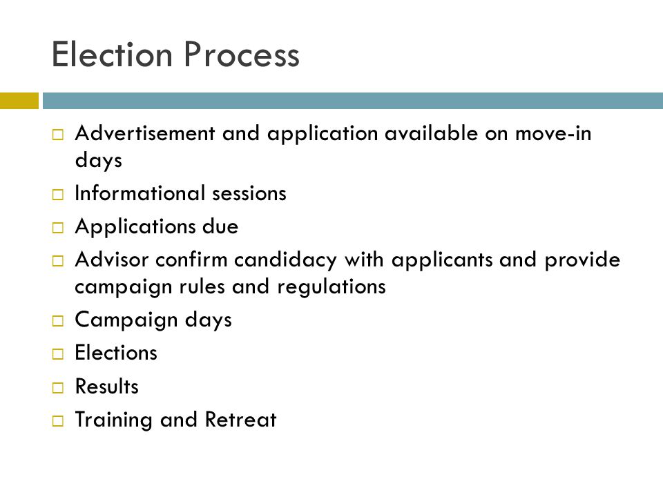 Election Process Advertisement and application available on move-in days Informational sessions Applications due Advisor confirm candidacy with applicants and provide campaign rules and regulations Campaign days Elections Results Training and Retreat