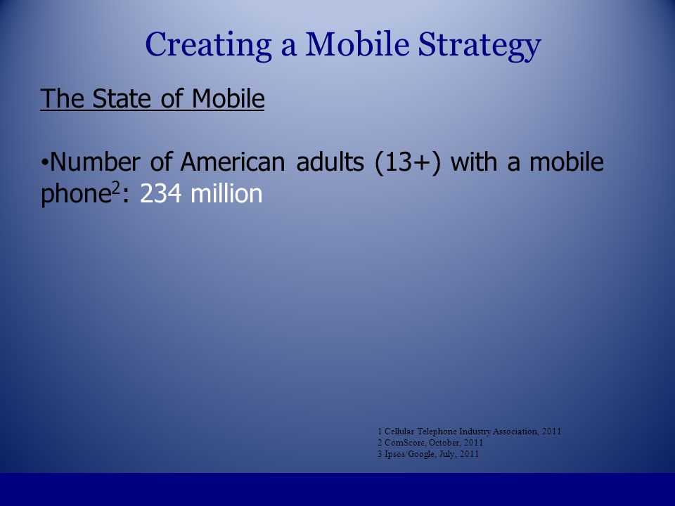 The State of Mobile Number of American adults (13+) with a mobile phone 2 : 234 million 1 Cellular Telephone Industry Association, ComScore, October, Ipsos/Google, July, 2011 Creating a Mobile Strategy