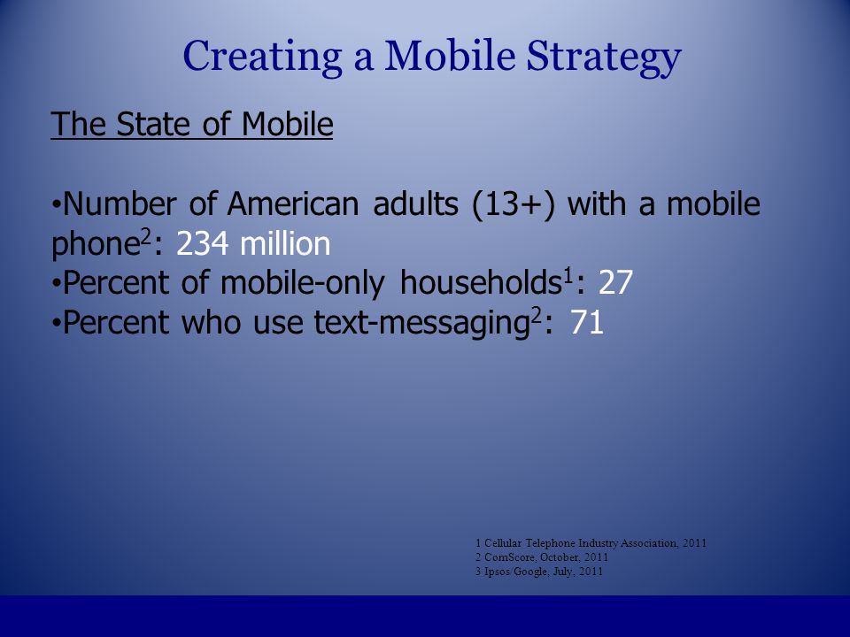 The State of Mobile Number of American adults (13+) with a mobile phone 2 : 234 million Percent of mobile-only households 1 : 27 Percent who use text-messaging 2 : 71 1 Cellular Telephone Industry Association, ComScore, October, Ipsos/Google, July, 2011 Creating a Mobile Strategy