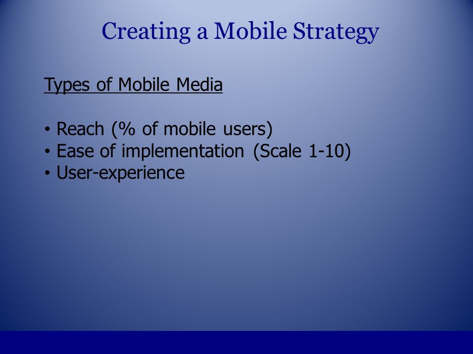 Types of Mobile Media Reach (% of mobile users) Ease of implementation (Scale 1-10) User-experience Creating a Mobile Strategy