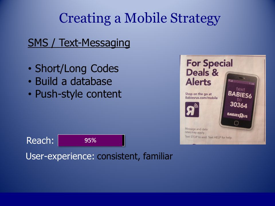 SMS / Text-Messaging Short/Long Codes Build a database Push-style content Creating a Mobile Strategy 95% Reach: User-experience: consistent, familiar