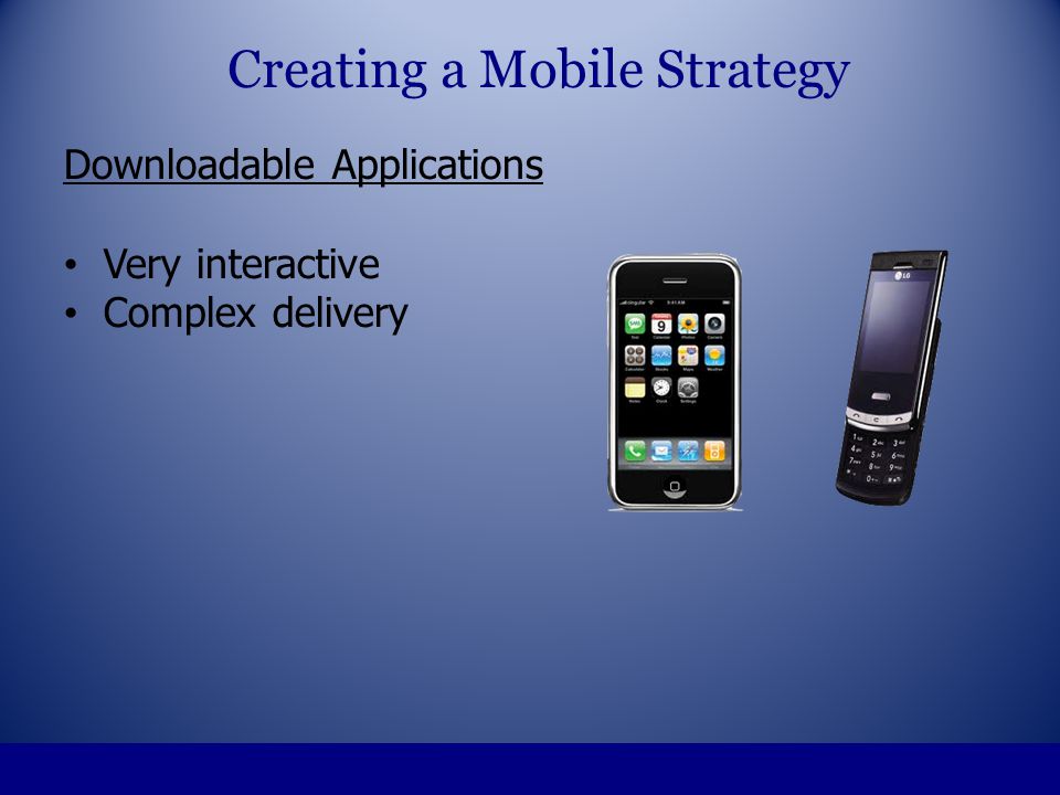 Downloadable Applications Very interactive Complex delivery Creating a Mobile Strategy