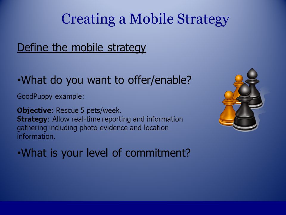 Define the mobile strategy What do you want to offer/enable.