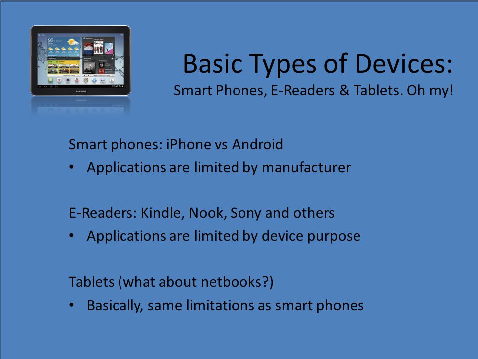 Basic Types of Devices: Smart Phones, E-Readers & Tablets.