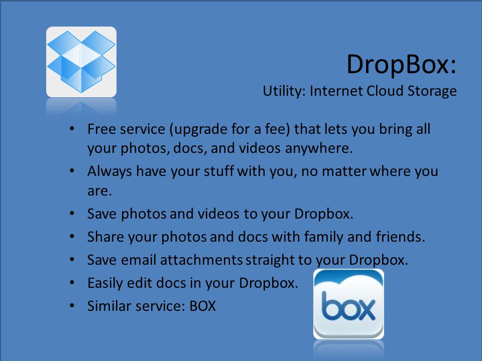 DropBox: Utility: Internet Cloud Storage Free service (upgrade for a fee) that lets you bring all your photos, docs, and videos anywhere.