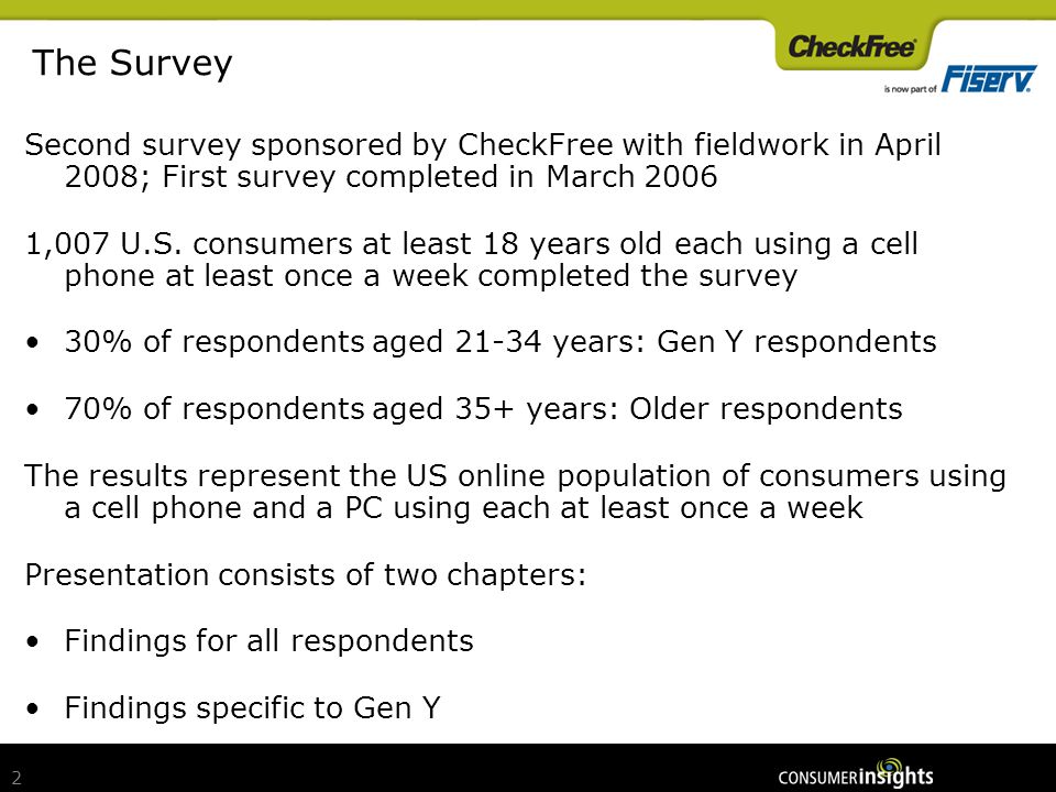 2 2 Second survey sponsored by CheckFree with fieldwork in April 2008; First survey completed in March ,007 U.S.