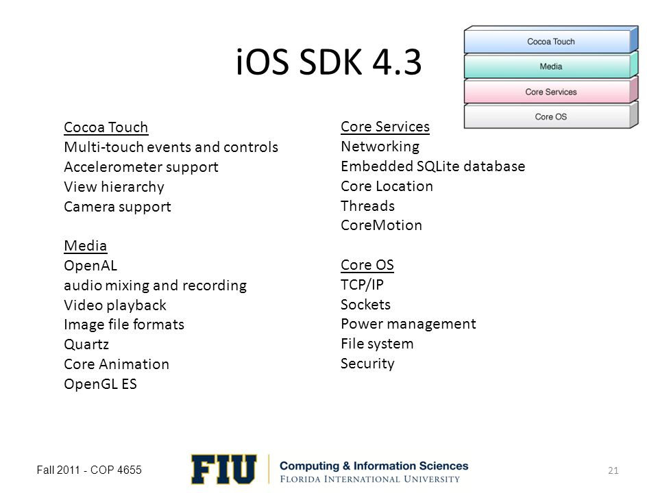 iOS SDK 4.3 Fall COP Cocoa Touch Multi-touch events and controls Accelerometer support View hierarchy Camera support Media OpenAL audio mixing and recording Video playback Image file formats Quartz Core Animation OpenGL ES Core Services Networking Embedded SQLite database Core Location Threads CoreMotion Core OS TCP/IP Sockets Power management File system Security