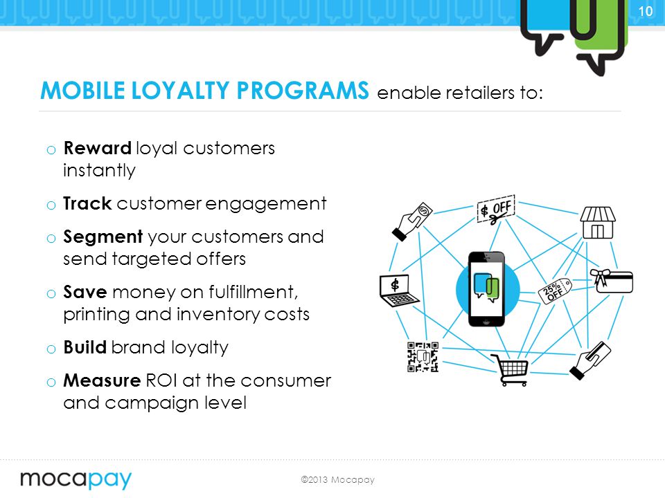 ©2013 Mocapay MOBILE LOYALTY PROGRAMS enable retailers to: o Reward loyal customers instantly o Track customer engagement o Segment your customers and send targeted offers o Save money on fulfillment, printing and inventory costs o Build brand loyalty o Measure ROI at the consumer and campaign level 10