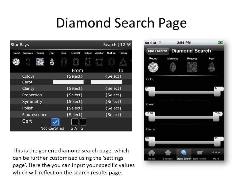 Diamond Search Page This is the generic diamond search page, which can be further customised using the settings page.