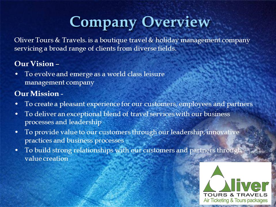 Company Overview Oliver Tours & Travels.