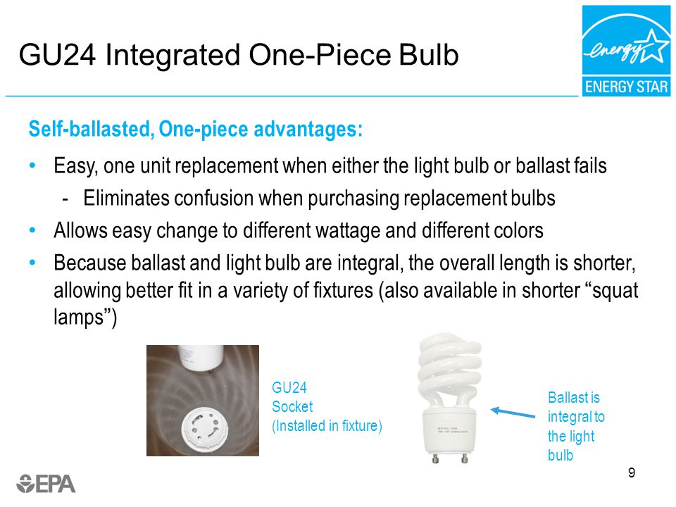 9 Self-ballasted, One-piece advantages: Easy, one unit replacement when either the light bulb or ballast fails - Eliminates confusion when purchasing replacement bulbs Allows easy change to different wattage and different colors Because ballast and light bulb are integral, the overall length is shorter, allowing better fit in a variety of fixtures (also available in shorter squat lamps ) Ballast is integral to the light bulb GU24 Socket (Installed in fixture) GU24 Integrated One-Piece Bulb
