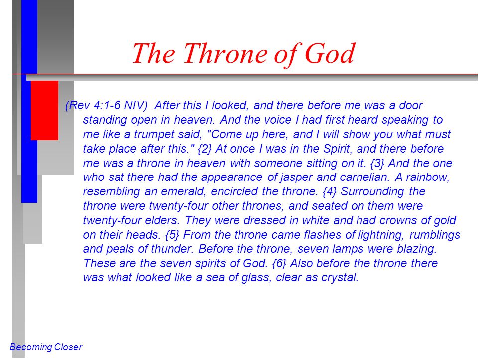Becoming Closer The Throne of God (Rev 4:1-6 NIV) After this I looked, and there before me was a door standing open in heaven.