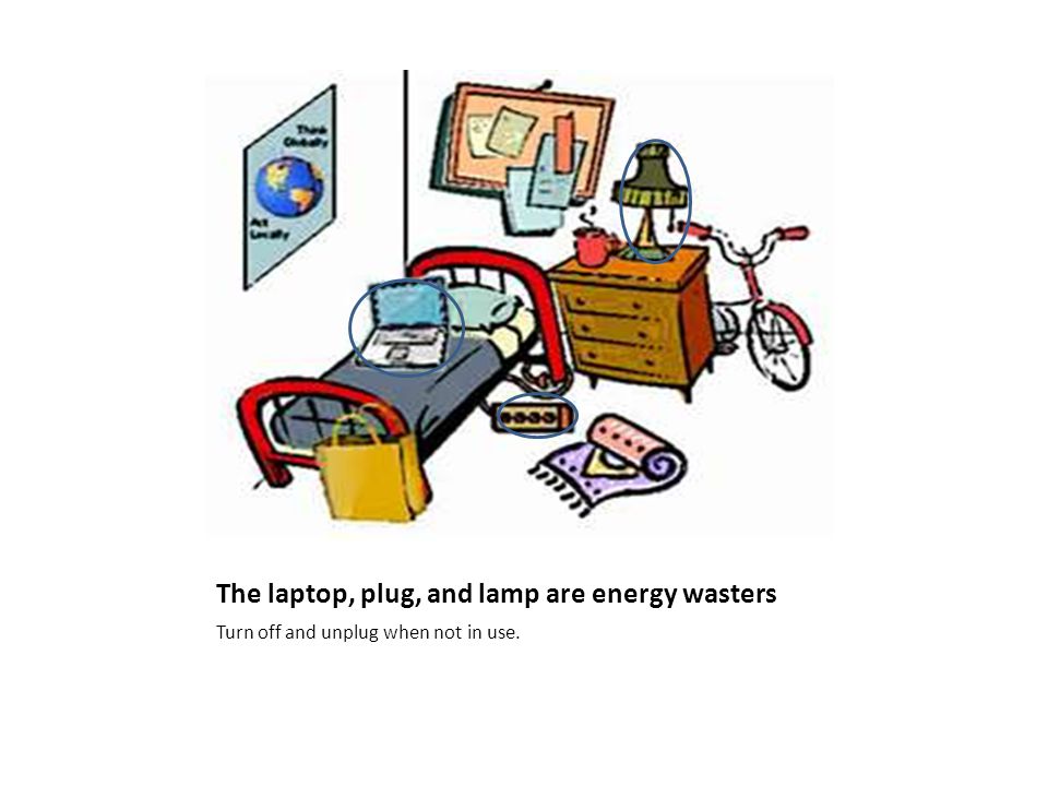 The laptop, plug, and lamp are energy wasters Turn off and unplug when not in use.