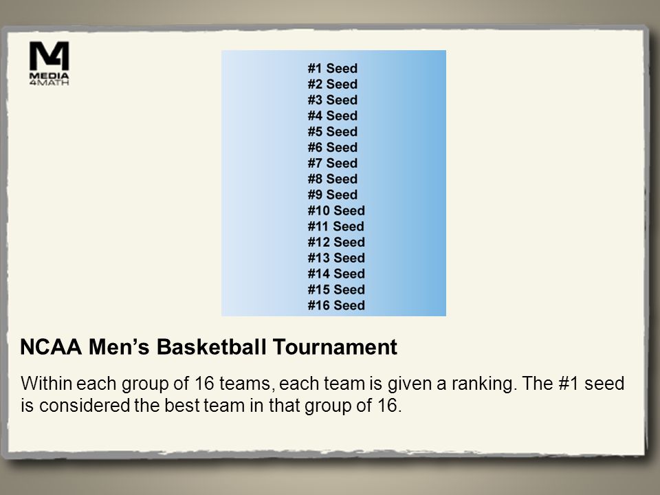 NCAA Mens Basketball Tournament Within each group of 16 teams, each team is given a ranking.