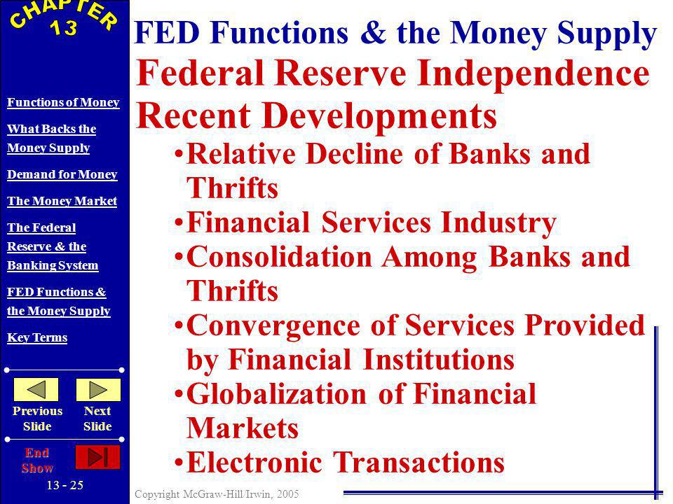 Copyright McGraw-Hill/Irwin, 2005 Functions of Money What Backs the Money Supply Demand for Money The Money Market The Federal Reserve & the Banking System FED Functions & the Money Supply Key Terms Previous Slide Next Slide End Show FED Functions & the Money Supply Issuing Currency Setting Reserve Requirements & Holding Reserves Lending Money to Banks & Thrifts Discount Rate Providing for Check Collection Acting as Fiscal Agent Supervising Banks Controlling the Money Supply