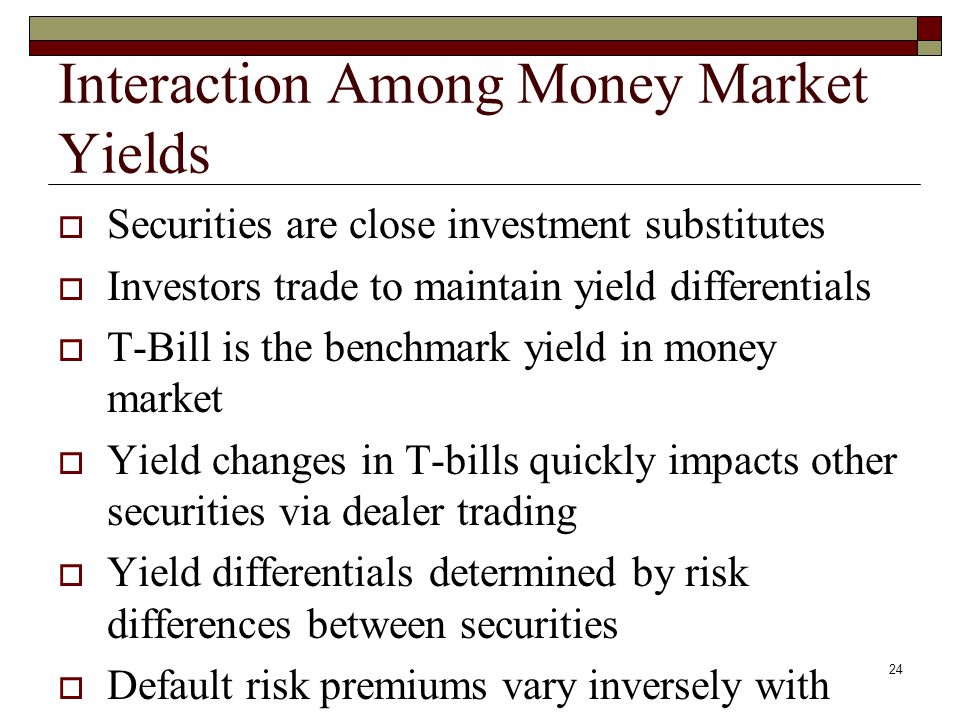 24 Interaction Among Money Market Yields Securities are close investment substitutes Investors trade to maintain yield differentials T-Bill is the benchmark yield in money market Yield changes in T-bills quickly impacts other securities via dealer trading Yield differentials determined by risk differences between securities Default risk premiums vary inversely with economic conditions