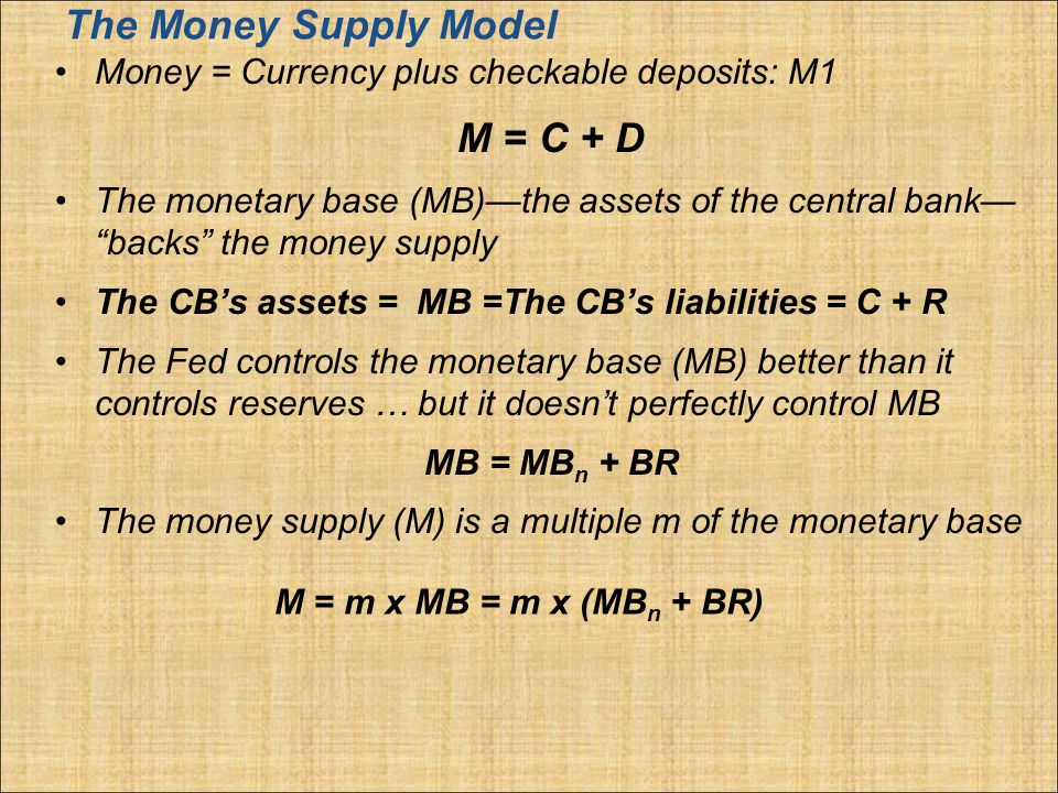 The Money Supply Model Money = Currency plus checkable deposits: M1 M = C + D The monetary base (MB)the assets of the central bank backs the money supply The CBs assets = MB =The CBs liabilities = C + R The Fed controls the monetary base (MB) better than it controls reserves … but it doesnt perfectly control MB MB = MB n + BR The money supply (M) is a multiple m of the monetary base M = m x MB = m x (MB n + BR)