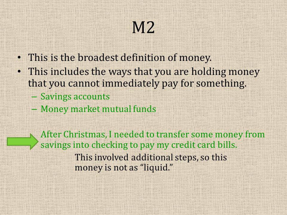 M2 This is the broadest definition of money.