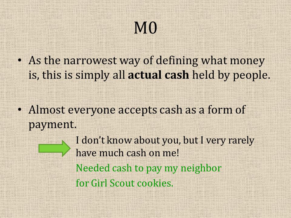 M0 As the narrowest way of defining what money is, this is simply all actual cash held by people.