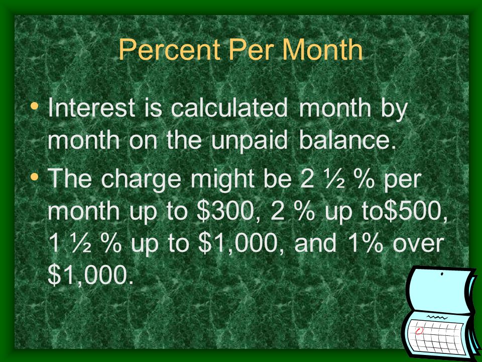 Percent Per Month Interest is calculated month by month on the unpaid balance.